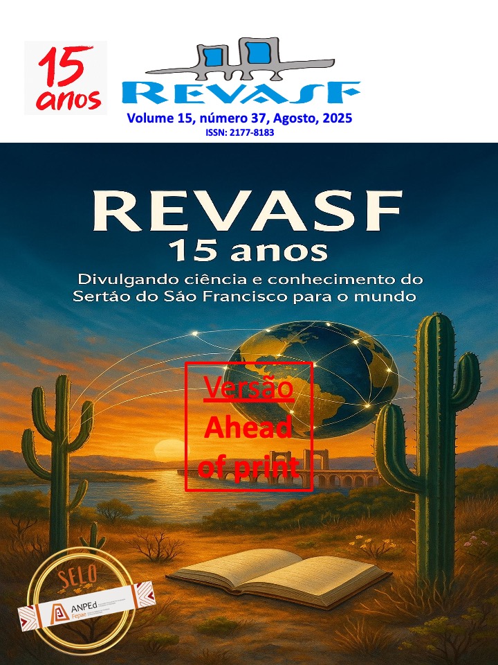 *Prompt para gerar a imagem da capa:*  	⁠Uma capa comemorativa de revista acadêmica celebrando os 15 anos da Revista de Educação da Universidade Federal do Vale do São Francisco (REVASF). A imagem deve combinar elementos do Sertão do São Francisco e do semiárido brasileiro, como caatinga, mandacarus, o rio São Francisco ao entardecer, e a ponte Presidente Dutra ao fundo. O céu deve apresentar um degradê entre o azul do dia e o dourado do pôr do sol, representando o conhecimento que ilumina. > 	⁠Inclua uma representação simbólica da ciência e da educação, como livros abertos, redes de conexões, mapas, ou globos, saindo ou irradiando do sertão para o mundo, com linhas que conectam o sertão a diferentes partes do globo. > 	⁠Inserir o texto: 	⁠*"REVASF – 15 anos"* 	⁠*"Divulgando ciência e conhecimento do Sertão do São Francisco para o mundo"* > 	⁠Estilo artístico: moderno, elegante, com traços realistas e toques artísticos sutis. A composição deve ser equilibrada entre tradição e inovação.
